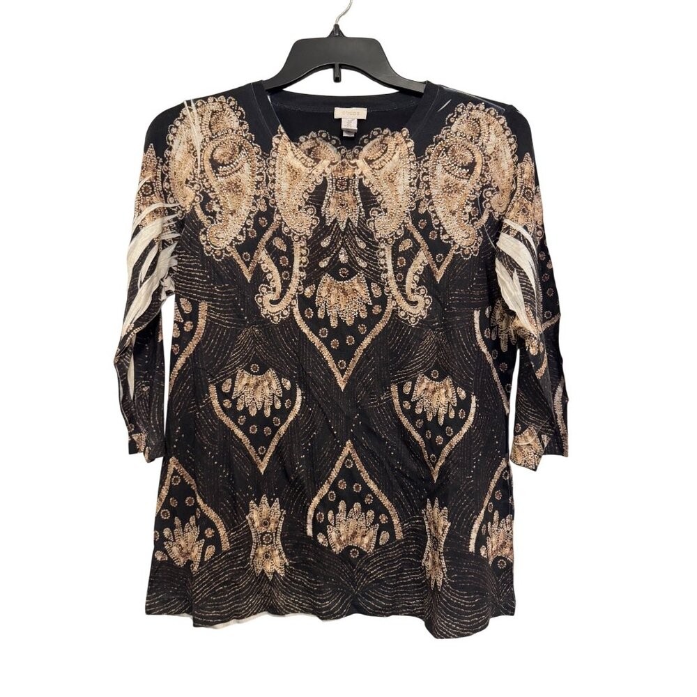 Chicos Womens Paisley Rhinestone Black & Gold Embellished Top Size 2 Made In USA